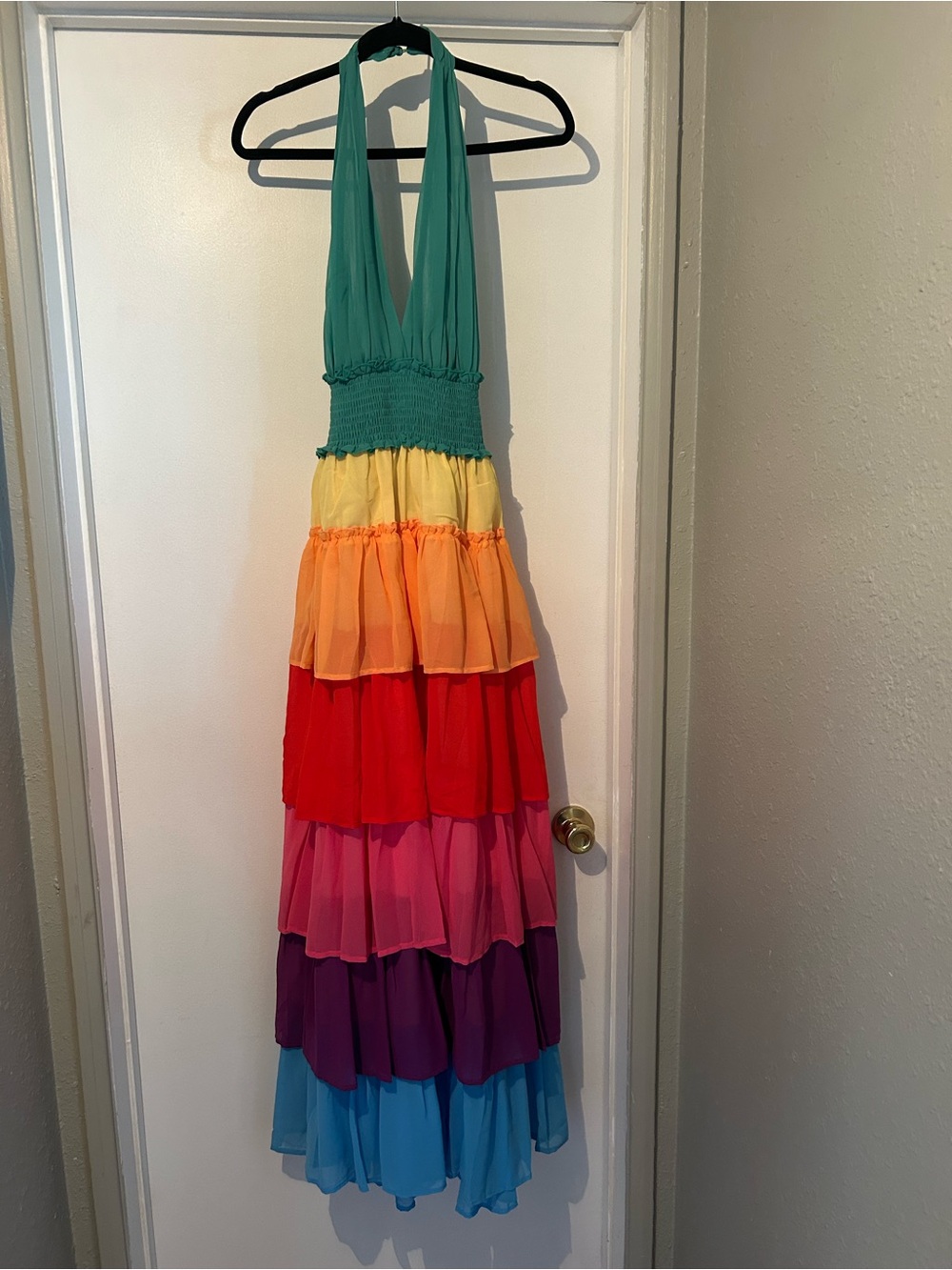 Girls Rainbow Tiered Halter One-Piece Dress - Multicolor